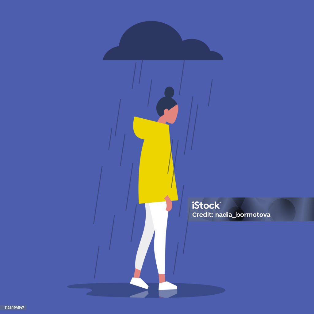 Sad female character standing under the rain. Overcast weather. Emotions. Solitude concept. Flat editable vector illustration, clip art Sadness stock vector