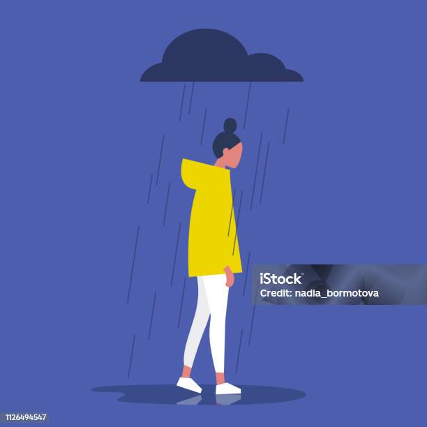 Sad Female Character Standing Under The Rain Overcast Weather Emotions Solitude Concept Flat Editable Vector Illustration Clip Art Stock Illustration - Download Image Now