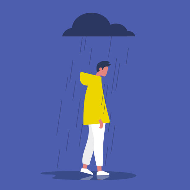 illustrazioni stock, clip art, cartoni animati e icone di tendenza di triste personaggio maschile in piedi sotto la pioggia. tempo nuvoloso. emozioni. concetto di solitudine. illustrazione vettoriale modificabile piatta, clipart - under the weather