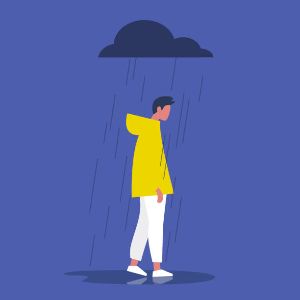 istock Sad male character standing under the rain. Overcast weather. Emotions. Solitude concept. Flat editable vector illustration, clip art 1126494548