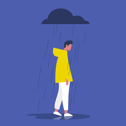 Sad male character standing under the rain. Overcast weather. Emotions. Solitude concept. Flat editable vector illustration, clip art