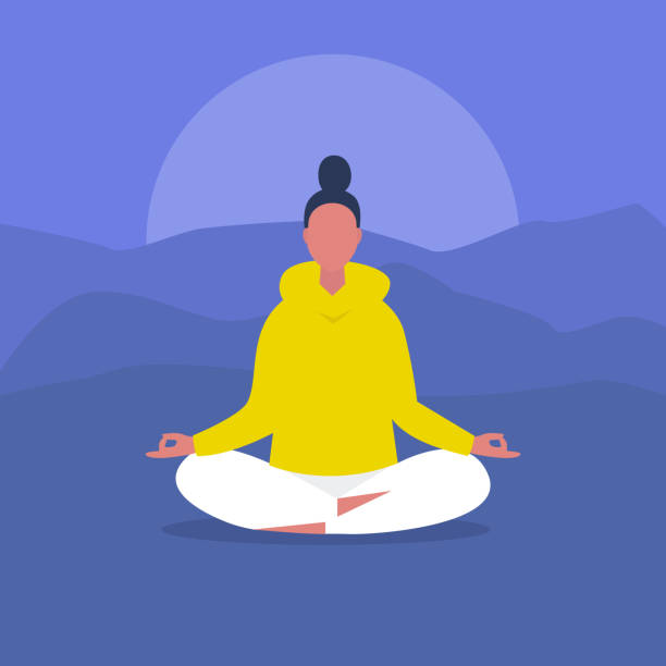 ilustrações, clipart, desenhos animados e ícones de meditação. yoga ao ar livre. harmonia e relaxamento. personagem feminina calma sentado em posição de lótus. ilustração em vetor editável plana, clip-art. estilo de vida moderno e saudável - meditating practicing yoga body