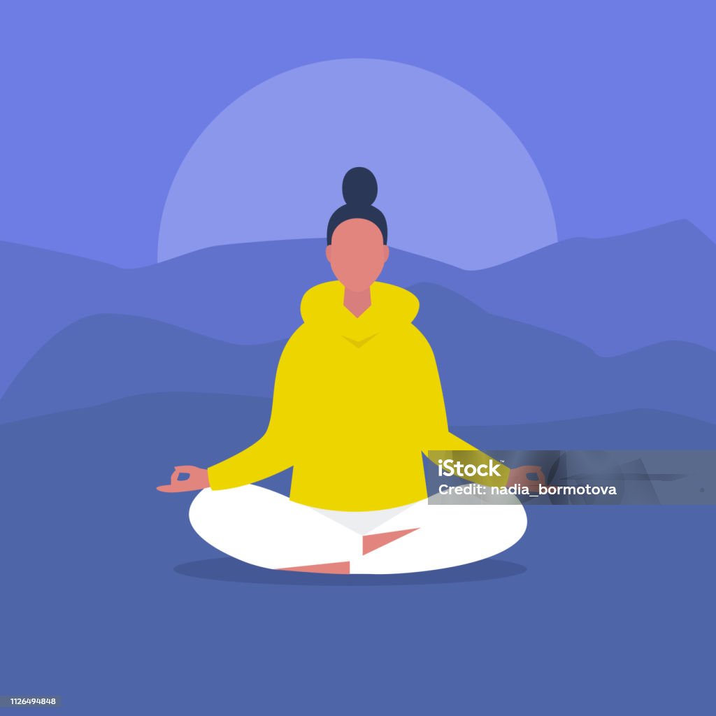 Meditasyon. Açık yoga. Uyum ve gevşeme. Lotus poz oturan kadın karakter sakin. Düz düzenlenebilir vektör çizim, küçük resim. Modern sağlıklı yaşam tarzı - Royalty-free Yoga Vector Art