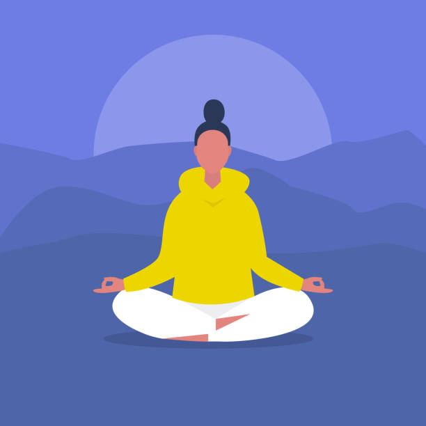 Meditation. Outdoor yoga. Harmony and relaxation. Calm female character sitting in a lotus pose. Flat editable vector illustration, clip art. Modern healthy lifestyle Meditation. Outdoor yoga. Harmony and relaxation. Calm female character sitting in a lotus pose. Flat editable vector illustration, clip art. Modern healthy lifestyle yoga stock illustrations