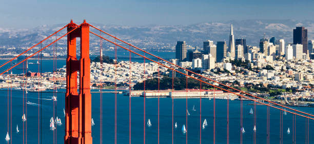 w panorama de san francisco el golden gate bridge - golden gate bridge panoramic san francisco county bridge fotografías e imágenes de stock