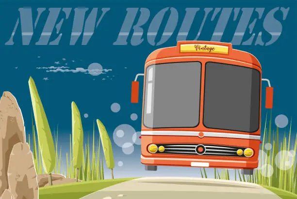 Vector illustration of Vintage bus on the way