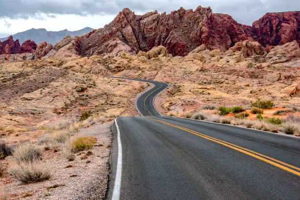 Empty desert road panorama surrounded by red rocks