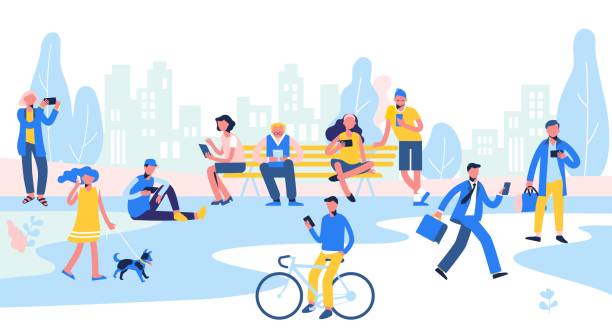 Group of different people with mobile phones and gadgets on city background. Set of male and female characters use smartphone, make selfie and texting, in flat style. Trendy persons crowd on street person on phone illustration stock illustrations