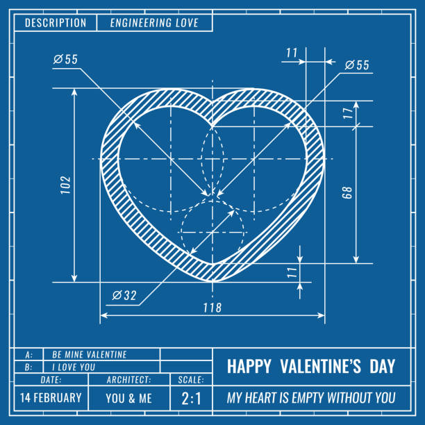 Heart sign as technical blueprint drawing. Valentines day technical concept. Mechanical engineering drawings. Valentines day banner, cover, poster, flyer or greeting card Heart sign as technical blueprint drawing. Valentines day technical concept. Mechanical engineering drawings. Valentines day vector banner, cover, poster, flyer or greeting card blueprint borders stock illustrations