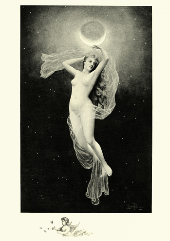 Vintage engraving of Greek mythology, Phoebe by Louis Perrey.  In Greek mythology Phoibe was a Titan associated with the moon