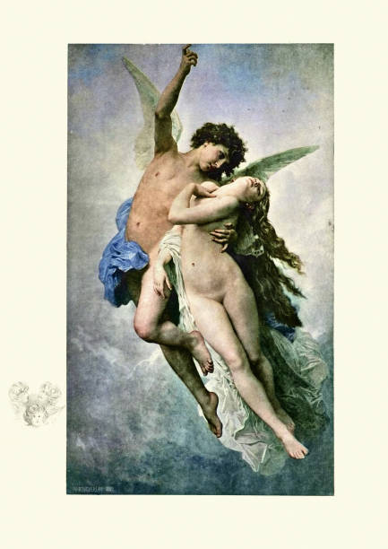 Cupid and Psyche by William Adolphe Bouguereau Vintage engraving of Cupid and Psyche by William Adolphe Bouguereau ancient civilization illustrations stock illustrations