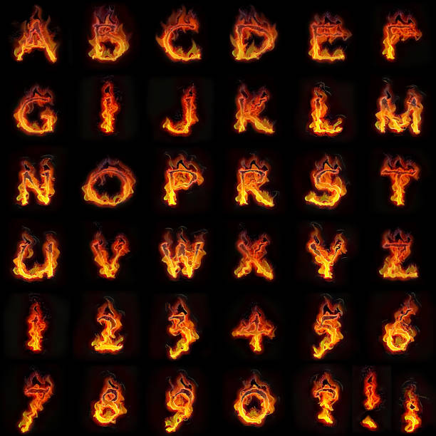Fire font text all letters of alphabet Fire font text all letters of alphabet on black background fire inferno typescript alphabet stock pictures, royalty-free photos & images