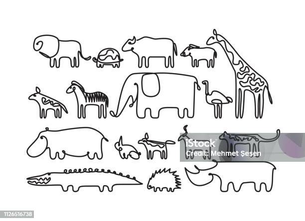 Line Art African Animals Set Stock Illustration - Download Image Now - Line Art, Giraffe, Animal Wildlife