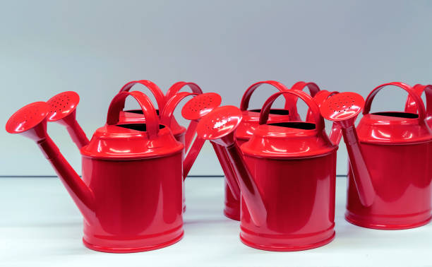 istock Metallic red watering cans for watering flowers and plants. 1126516982