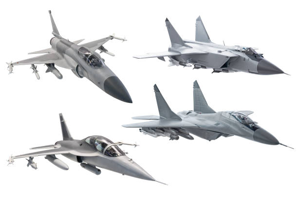 zestaw bojowych wojskowych samolotów myśliwskich izolowanych na białym tle. - military airplane zdjęcia i obrazy z banku zdjęć