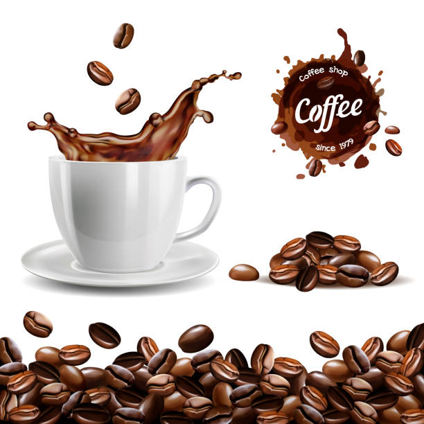 illustrazioni stock, clip art, cartoni animati e icone di tendenza di set vettoriale realistico di elementi, sfondo chicchi di caffè - espresso