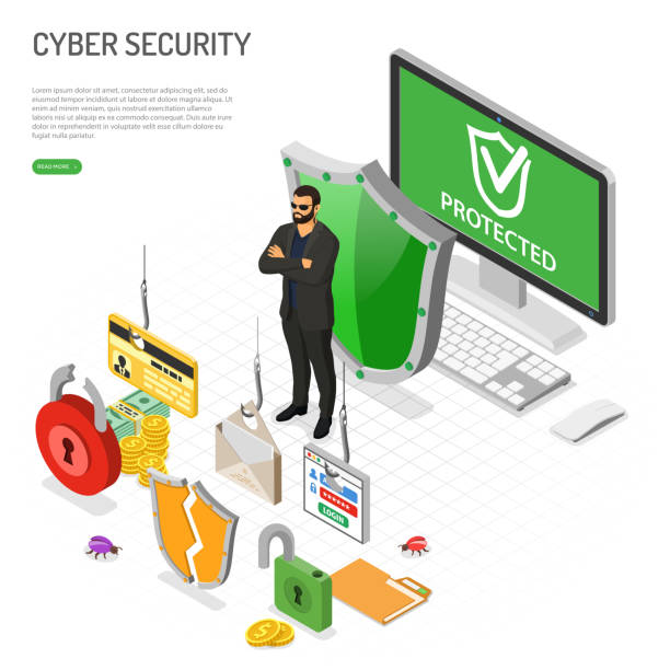 cyber security isometrische konzept - computer hacker spy spam safety stock-grafiken, -clipart, -cartoons und -symbole