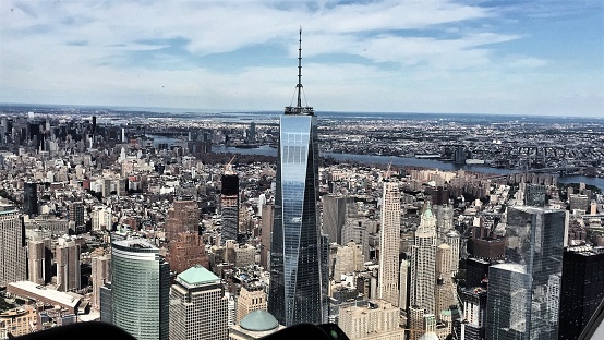 Skyline of Manhattan, New York. Downtown financial district on a clear sky day. Freedom tower is in the view, along with Hudson / East river.