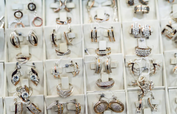 istock Selective focus on golden jewellery on showcase 1126518725