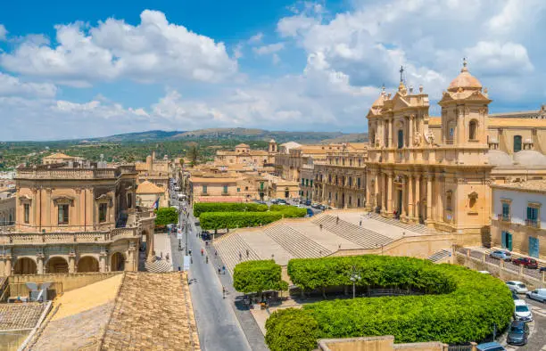 Photo of Panoramic view in Noto, with the Cathedral and the Palazzo Ducezio. Province of Siracusa, Sicily, Italy.
