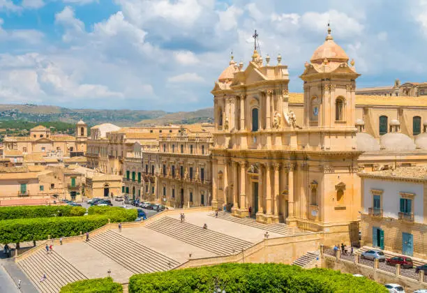 Photo of Scenic sight in Noto with the Cathedral (Basilica Minore). Province of Syracuse, Sicily, Italy.