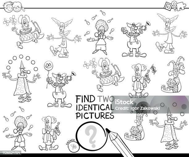 Find Two Identical Clown Pictures Color Book Stock Illustration - Download Image Now - Black And White, Child, Leisure Games