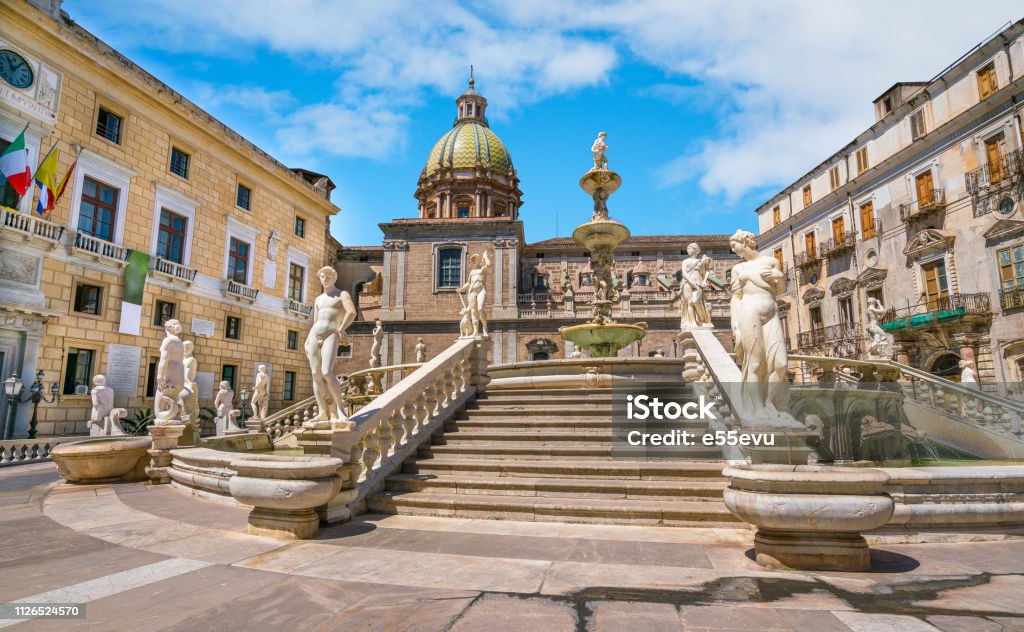 The famous Praetorian Fountain (Fontana Pretoria) in Palermo. Sicily, southern Italy. Palermo - Sicily Stock Photo