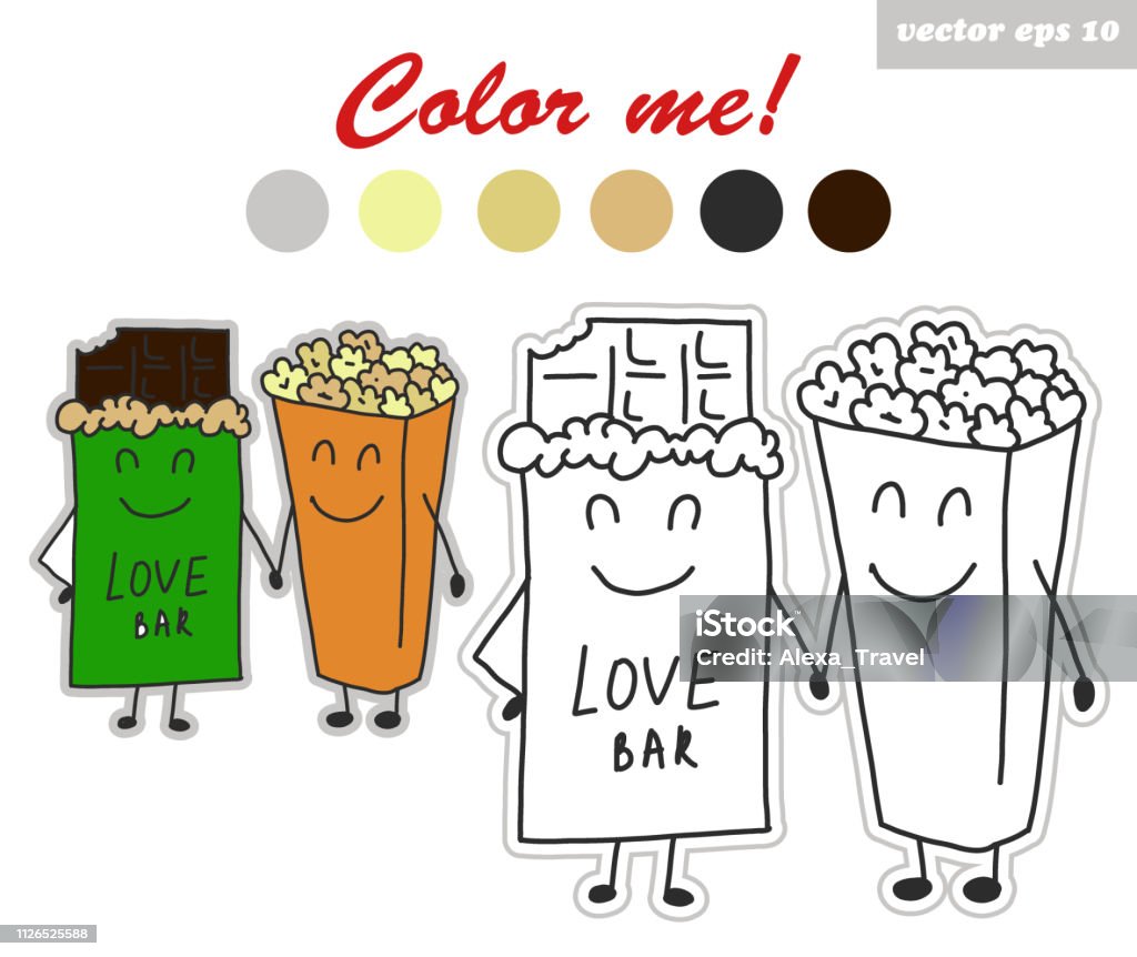 coloring book stickers of chocolate and pop corn Hand drawn colorful funny characters of chocolate and pop corn holding hands. Love story concept. Coloring book for children and adults. Sticker. Vector illustration. Brown stock vector