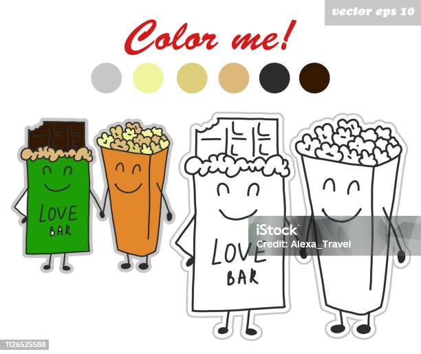 Coloring Book Stickers Of Chocolate And Pop Corn Stock Illustration - Download Image Now - Brown, Bucket, Caricature