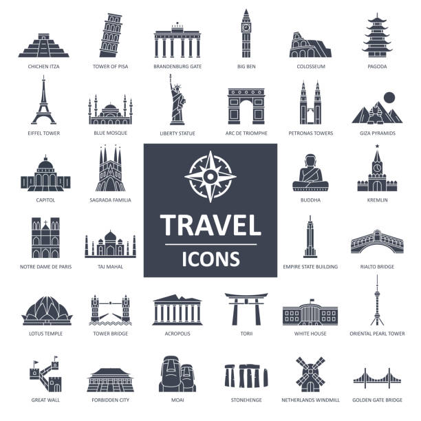 ilustrações, clipart, desenhos animados e ícones de viajar marco ícones - vetor linha fina - ponto turístico internacional