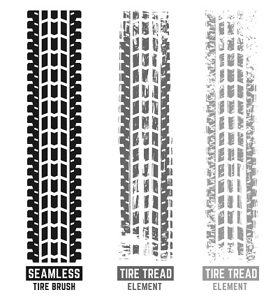 Automobile and motorcycle tire tracks elements with seamless brush. Grunge automotive addon useful for poster, print, brochure and leaflet background design. Editable vector illustration in monochrome colors.