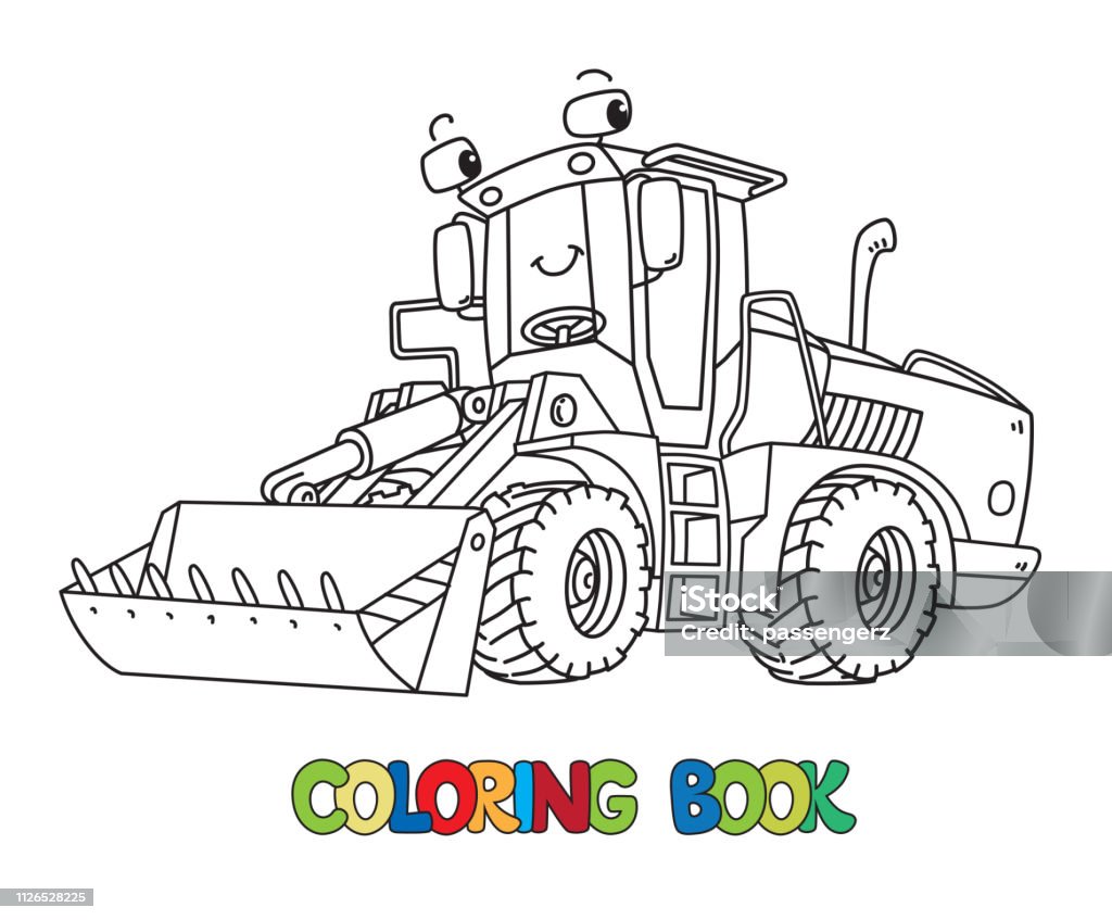 Funny constuction tractor with eyes. Coloring book Constuction tractor or bulldozer. Coloring book for kids. Small funny vector cute car with eyes and mouth. Children vector illustration. Construction machinery. Coloring Book Page - Illlustration Technique stock vector