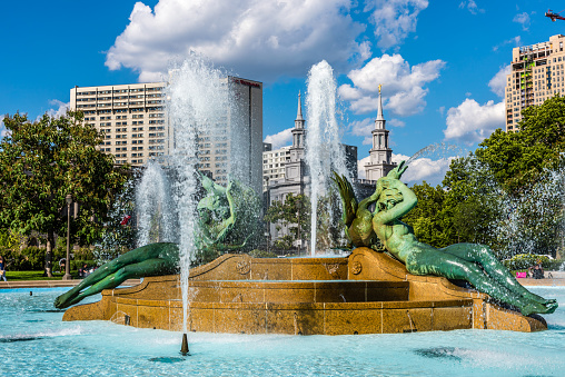 The Swann Memorial Fountain is located along the Benjamin Franklin Parkway in Philadelphia.