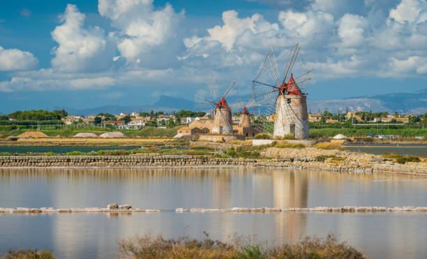 molinos de viento en la reserva natural de la "salina dello stagnone" cerca de marsala y trapani, sicilia. - solución salina fotografías e imágenes de stock