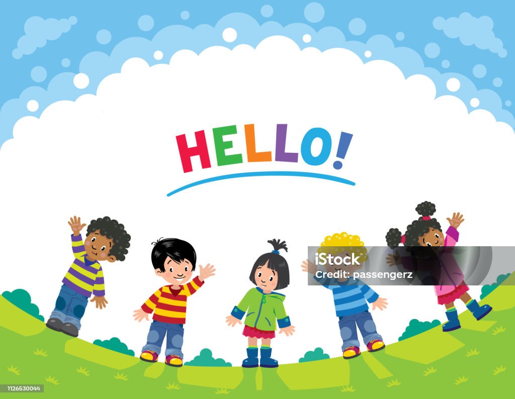 Children. Design template with kids and background Children vector illustration of five kids at the lawn background under the clowds in the sunny spring days, waving by hands. Design template with logo and blank place for your text Boys stock vector