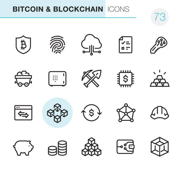 Crypto and Blockchain - Pixel Perfect icons 20 Cryptocurrency & Blockchain icons - Outline Style - Black line - Pixel Perfect icons / Set #73 - Icons are designed in 48x48pх square, outline stroke 2px.

First row of outline icons contains: 
Bitcoin Safety, Fingerprint, Cloud Computing, Report, Key;

Second row contains: 
Coal Mine, Safe, Mining, Digital Currency, Ingot;

Third row contains: 
Marketing, Blockchain, Exchange Rate, Network Connection, Cryptocurrency Mining; 

Fourth row contains: 
Piggy Bank, Savings, Block Shape, Bitcoin Wallet, Three Dimensional Block.

Complete Primico collection - https://www.istockphoto.com/collaboration/boards/NQPVdXl6m0W6Zy5mWYkSyw blockchain icons stock illustrations
