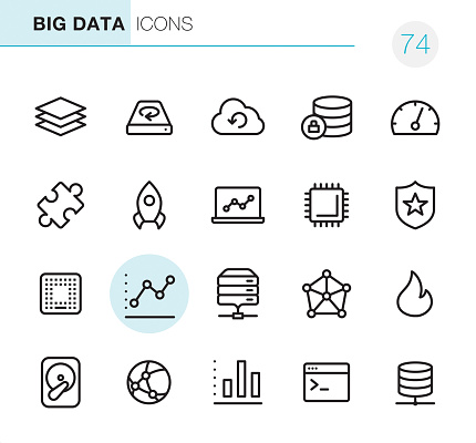 20 Big Data icons - Outline Style - Black line - Pixel Perfect / Set #74 
Icons are designed in 48x48pх square, outline stroke 2px.

First row of outline icons contains: 
Data Stack, Hard Disc Drive, Cloud Computing, Encryption, Dashboard;

Second row contains: 
Solution, Rocket, Laptop, CPU, Network Security;

Third row contains: 
Computer Chip, Graph, Mainframe, Big Data, Flame; 

Fourth row contains: 
Hard Drive, Global Communications, Bar Chart, Coding, Network Server.

Complete Primico collection - https://www.istockphoto.com/collaboration/boards/NQPVdXl6m0W6Zy5mWYkSyw
