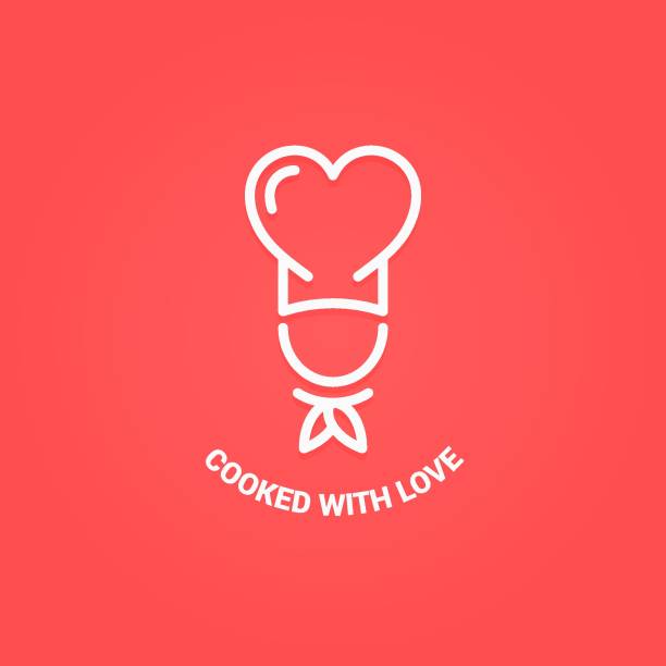 Chef with heart logo. Cooked with love concept on red background vector art illustration