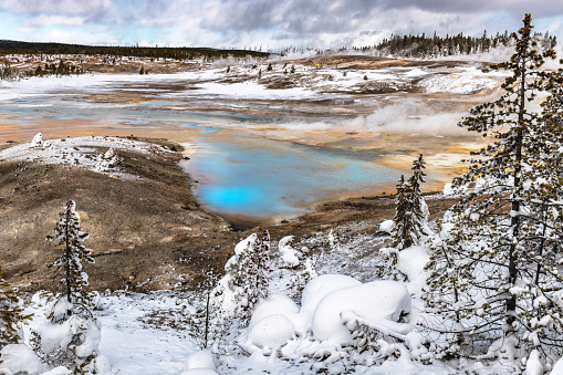 Blue colored hot springs at Norris Geyser Basin in the winter