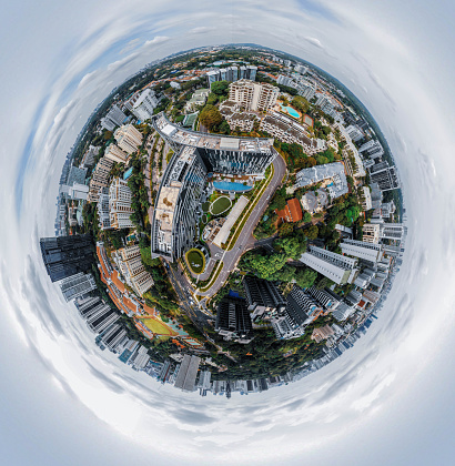 Aerial winter city view, Little planet sphere mode. Yekaterinburg city with Buildings of Parliament, Dramatic Theatre, Iset Tower, Yeltsin Center. Spherical panorama of the city. Yekaterinburg, Russia