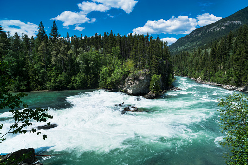 The Fraser River in the beautiful wilderness landscape of of the Canadian Rockies of British Columbia, Canada.