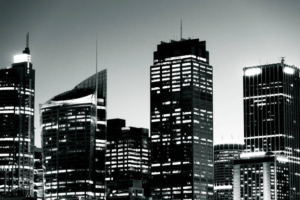 istock Black and white city skyline at night, background with copy space 1126538825
