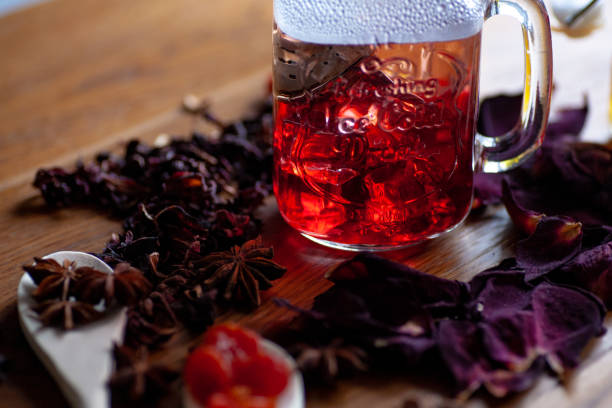 istock Hibiscus tea in a glass cup 1126540286