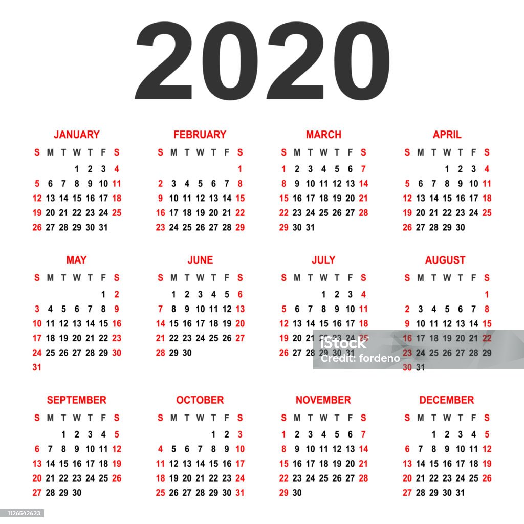 2020 Week Ranges Calendar 2020 Week Starts On Sunday Basic Grid Stock Illustration ...