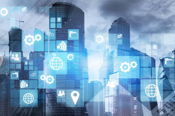 istock Business icons in blue city 1126542652