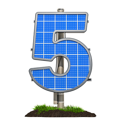 Number 5. Solar panel in shaped of number 5, 3D rendering isolated on white background