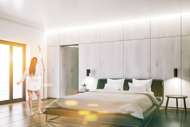 istock Wooden bedroom interior, side view, woman 1126542695