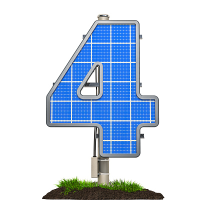 Number 4. Solar panel in shaped of number 4, 3D rendering isolated on white background