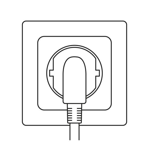 line art czarno-biała wtyczka w gniazdku elektrycznym - network connection plug outlet cable computer network stock illustrations