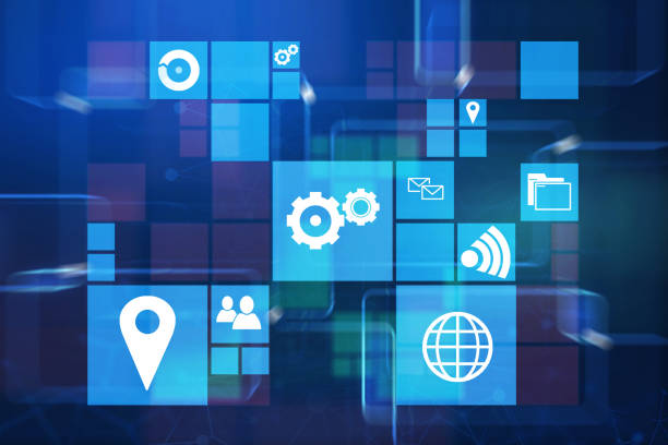 White business icons interface over dark blue background. Concept of hi tech in business. 3d rendering double exposure